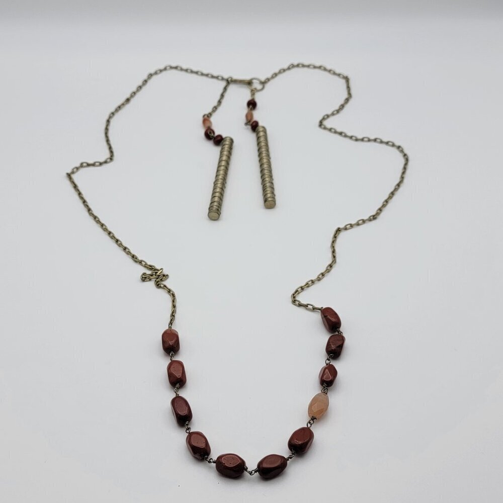 Vintage KCR Natural Bloodstone Bead Brass Necklace 33 Inch Hook Clasp Signed